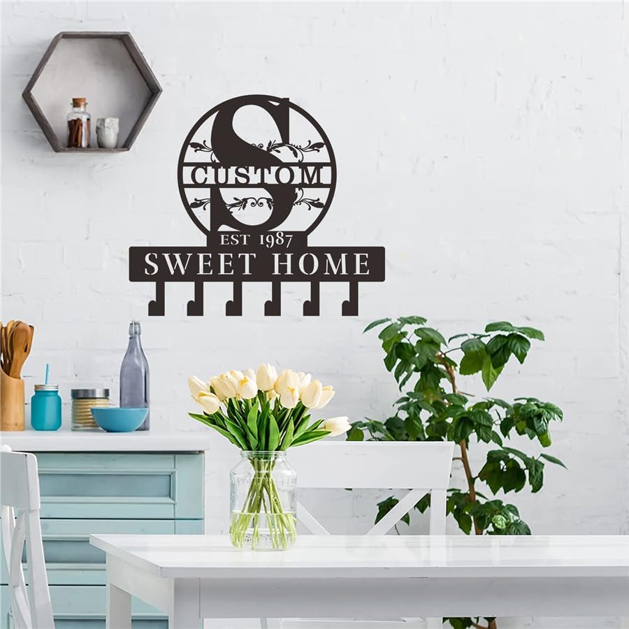 JINMA Personalized Metal Key Holder with Your Name, Customized Key Holder for Wall, Wall Mounted Key Holder Hooks Organizer Rack, Living Room Entrance Home Decor 13 x 11 in