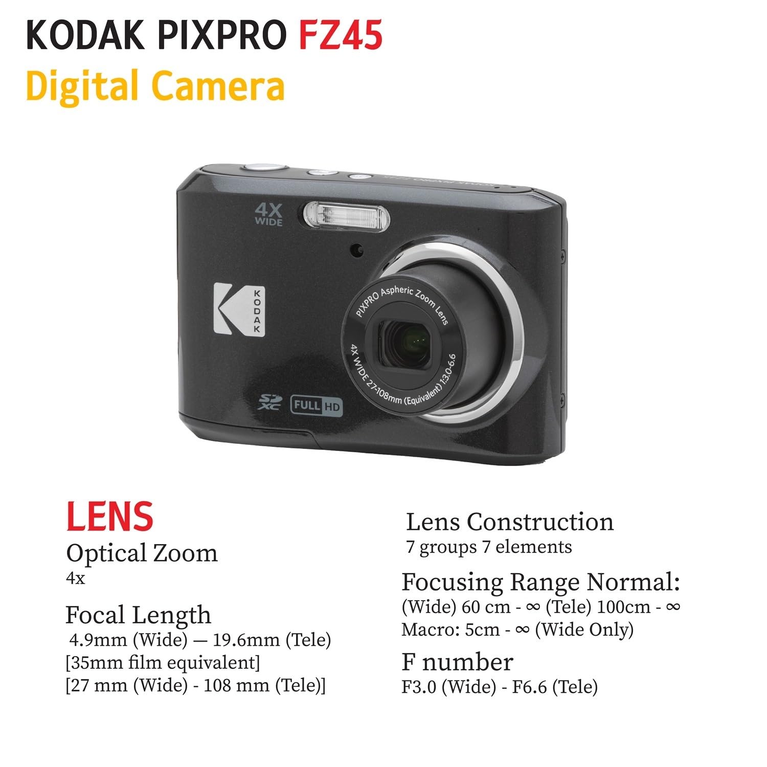 Amazon | KODAK PIXPRO FZ45 16MP デジタルカメラ4倍光学ズーム27mm 