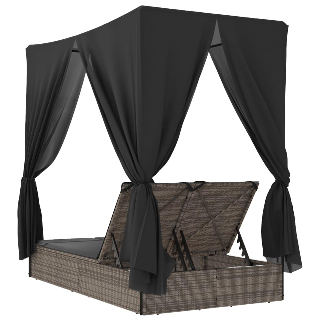 HUAKEHOM Doppelliege mit Dach und Vorhängen Sonnenliege Gartenliege Verstellbare Rückenlehne Relaxliege Sonneninsel Liege Gartenmöbel Grau Poly Rattan