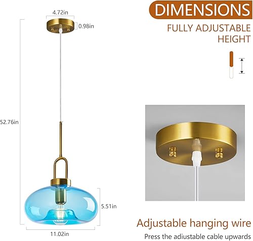 Miniatura 2 de Light Blue Glass Pendant Lights Kitchen Island Gold Pendant Light Fixtures Adjustable Height Modern Pendant Lighting for Bedroom Dining Room (1-Pack)