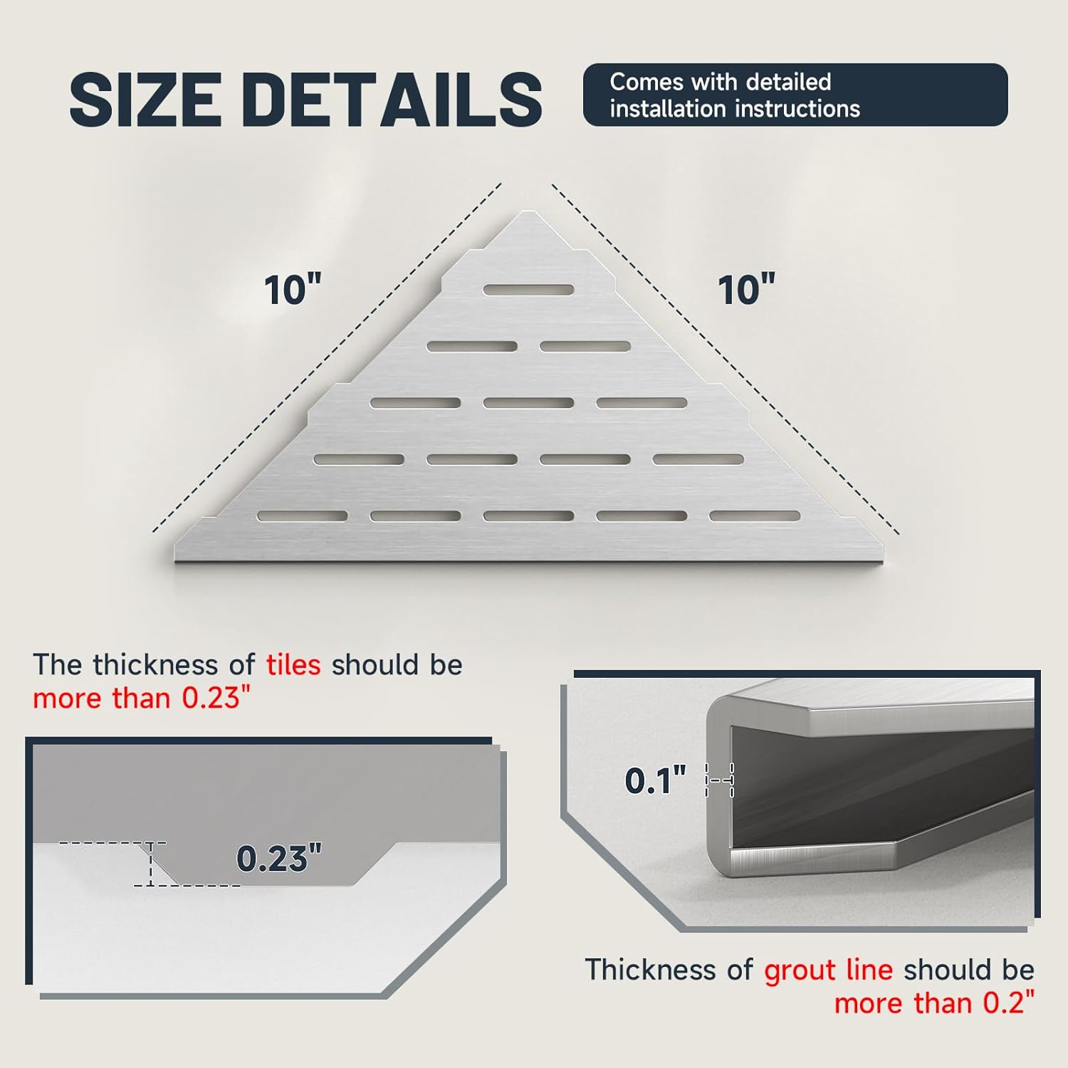 BWE 10" Shower Corner Shelf, 304 Stainless Steel Shower Shelves, Slot Design Corner Shower Shelf, Recessed Bathroom Storage Organizer for Tiled Wall,No Drilling Need, Brushed Nickel 2 Pack