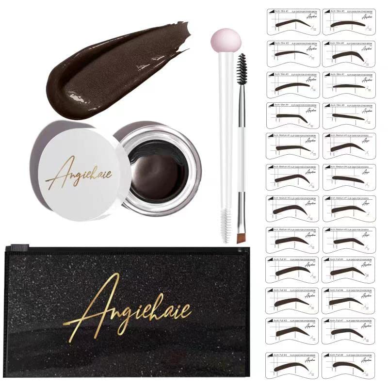 Eyebrow Stamp Stencil Kit (Dark Brown) Eyebro Pencil, Long-lasting Pomade Brow Definer, 24 pc Eyebrow Stencils Thick and Thin, 2 Dual Ended Brush and Sponge Applicator for Natural & Perfect Make-up.