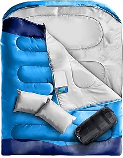 Double Sleeping Bag, Sleeping Bags for Adults with 2 Pillow, XL Queen Two Person Sleeping Bag for Cold/Warm Weather with Pocket, Camping Sleeping Bag for Hiking/Backpacking/Truck/Tent/Sleeping Pad
