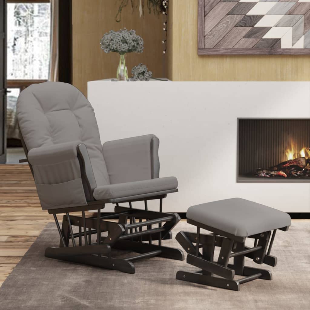 Poltrona a dondolo con sgabello scorrevole, tessuto grigio chiaro, legno massiccio di caucciù, imbottitura con braccioli, ergonomica, per soggiorno, camera da letto, cameretta dei bambini