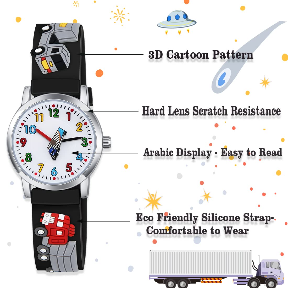 Venhoo Kids Watches Analog 3D Cartoon Autotruck Waterproof Silicone Children Toddler Wrist Watch for 3-10 Year Girls Boys Little Child-Black Track