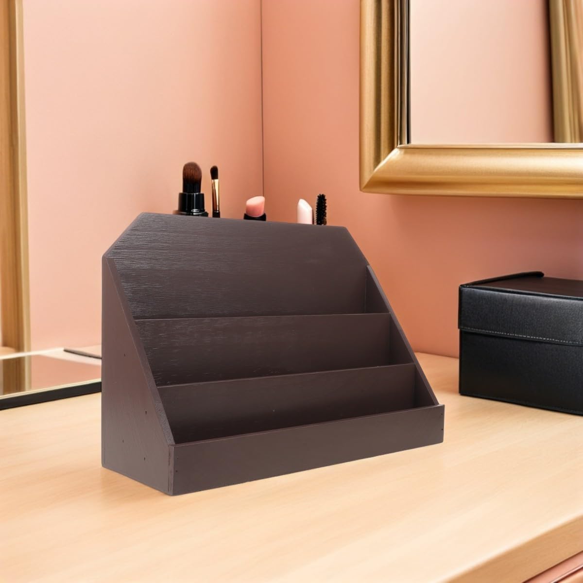 Abaodam Tarjetero de Mesa de Madera Café, Soporte Vertical de 3 Niveles | Tarjetas de Visita y Negocio, Diseño Divisor Multinivel, Formato Compacto para Escritorio y Oficina