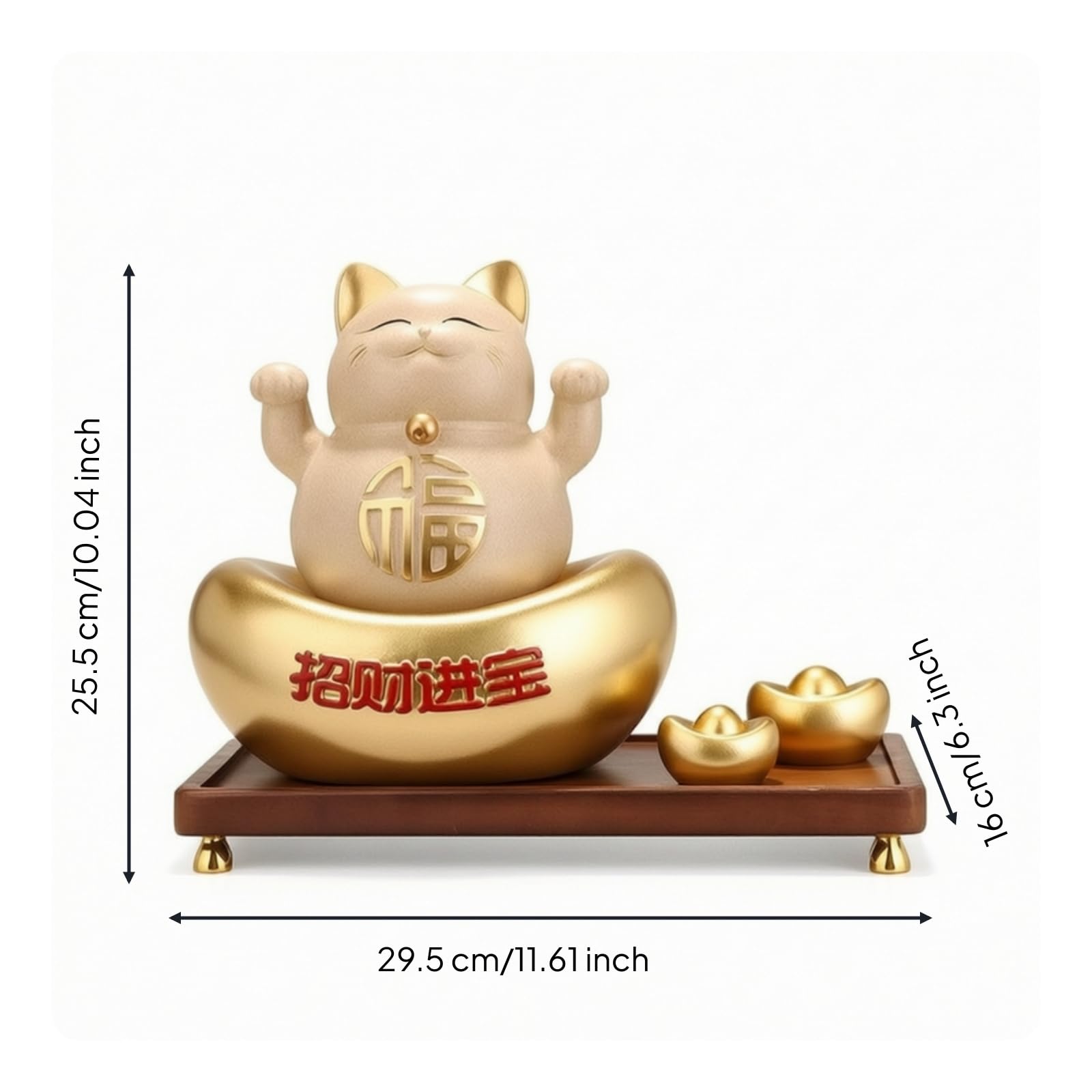 Figurine Décorative en Résine Chat Porte- Neko Statue Sculpture Ornement et Pieds Métal Doré Caractère Chinois en Relief Adaptée à Bureau Réception Plan de Travail, Crème De Café