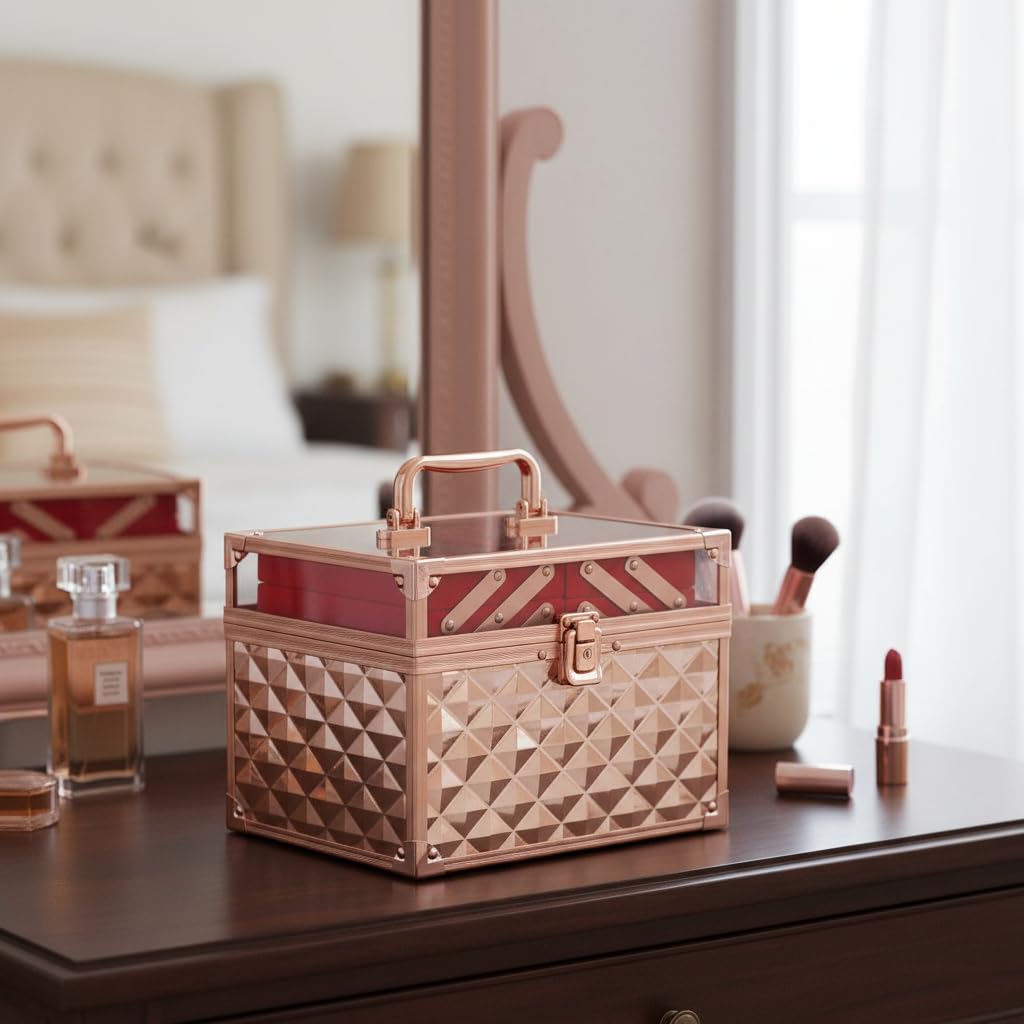Adson Professional Beauty Makeup Cosmetic Vanity Case/Box (Caramel Diamond Rose Gold) 4