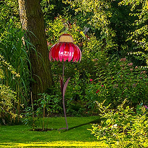 Bird Feeder-Pink Coneflower Wild Bird Feeders-Outside Rust Resistant Metal Hummingbird Feeder With Stand, Desert Steel Red Coneflower Standing Bird Feeder, Garden Art Metal Birdfeeder (1Pc) #TOP3