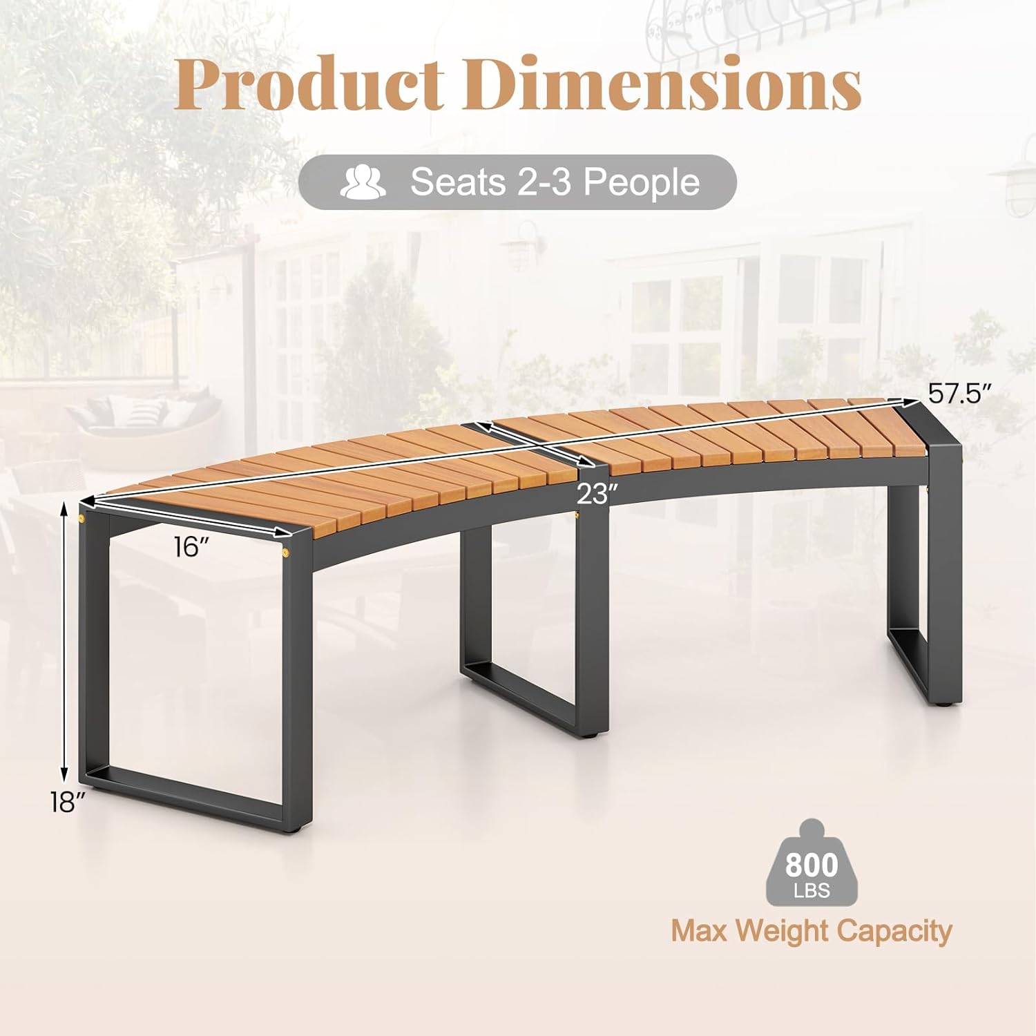 Moccha Outdoor Curved Bench, Acacia Wood Fire Pit Bench w/Slatted Seat, Metal Frame, Loveseat, Outside Chair, Patio Backless 2-Person Seating for Yard Deck Porch 800 LBS Max Load, Oil Painted (1)