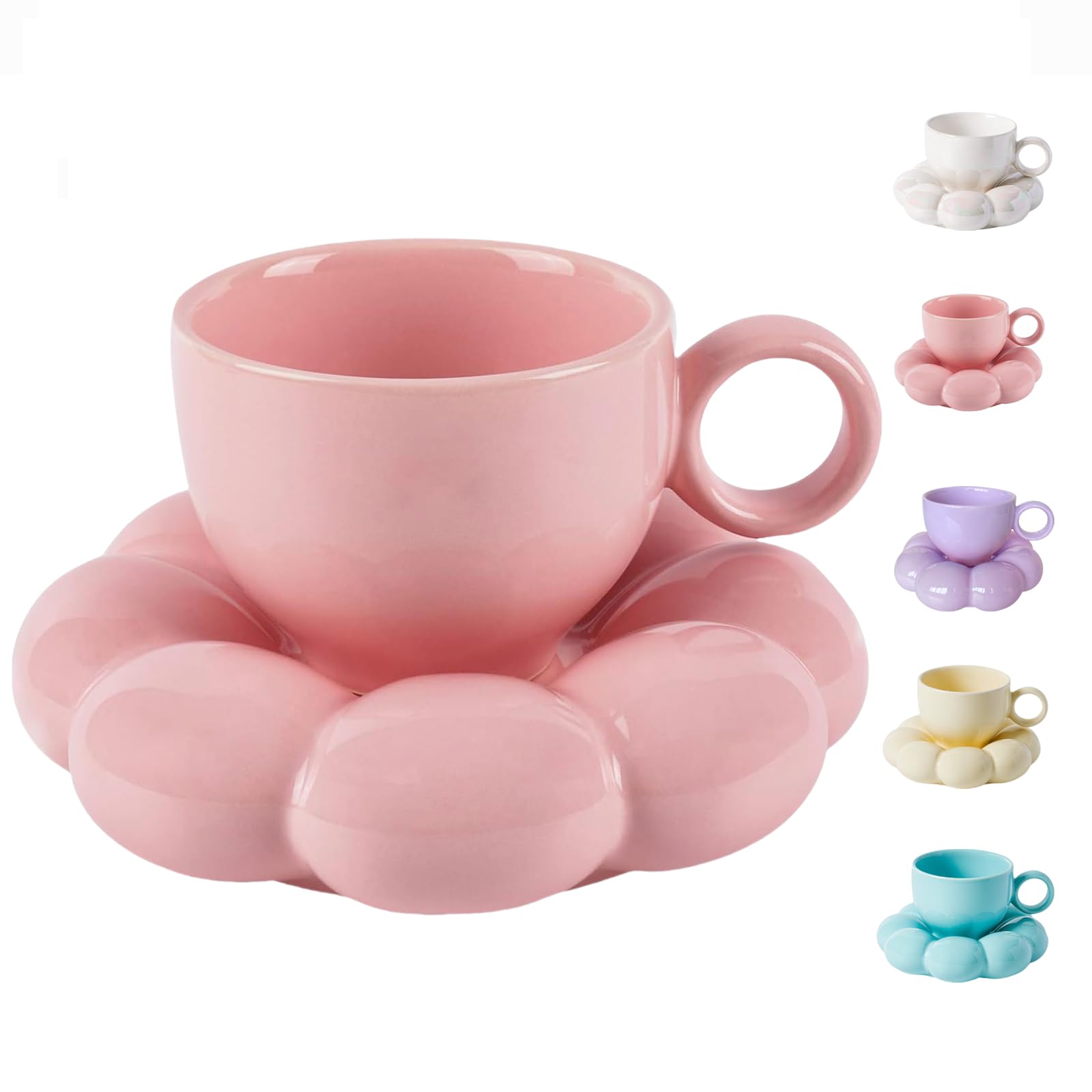 ARISKEY 10oz Coffee Mug for Women,Tea Cup and Saucer Set with Spoon,Perfect for Latte and Milk,Dishwasher and Microwave Safe,Suitable for Mom,Peach Pink