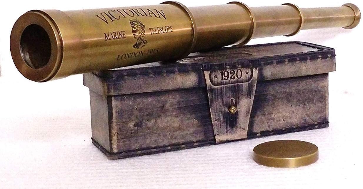 an Unique Solid Brass 15 Inches Victorian Marine Telescope with a Leather Box (Gold )