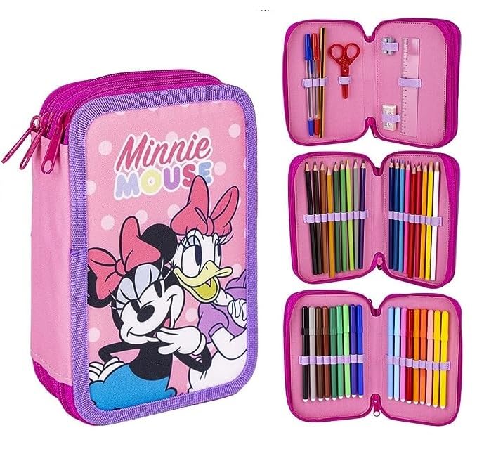 Plumier con Accesorios de Minnie Mouse - Color Rosa - 12,5x6,5x18,5 cm - Fabricado en Poliéster - Triple Compartimento con Cierre de Cremallera - Producto Original Diseñado en España