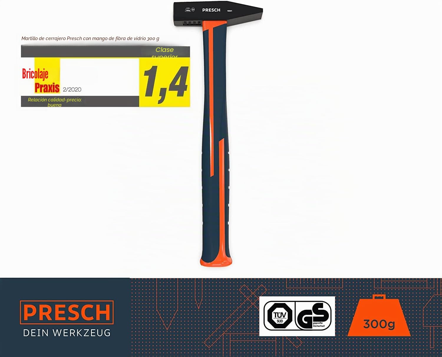 Presch martillo de cerrajero con mango fibra vidrio 300g - Con mango plástico - profesional