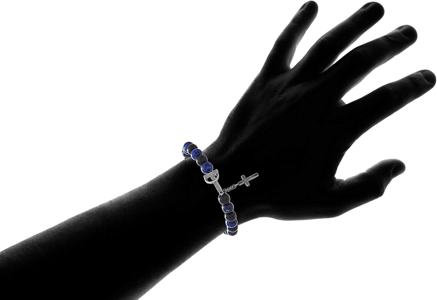 Steve Madden Blue Lapis and Black Onyx Beaded Stainless Steel Cross Charm Toggle Lock Bracelet for Men (Blue): Clothing, Shoes & Jewelry