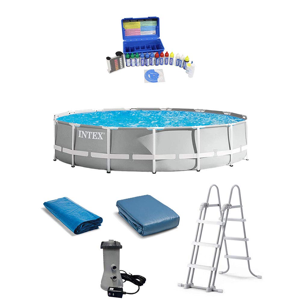 Intex15 Foot Prism Frame Outdoor Above Ground Swimming Pool with Filter Pump, Pool Ladder, Ground Cloth, Debris Cover, and Taylor Chlorine Test Kit