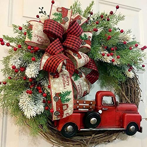 Christmas Wreath for Front Door/Red Truck Christmas Wreath Garland/Wreath Fall Farmhouse/Wreath for Indoor Outdoor Home Door/Christmas Vintage Plaid Bow-Knot Wreath/Christmas Trees Ornaments