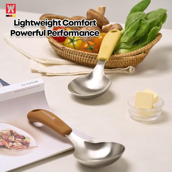Short Stainless Steel Ladle 220mm (8.6) SUS304 Thick Deep Bowl Head with Soft-Grip Silicone Handle Lightweight Mini Soup & Serving Spoon for Cooking 5 Color Options (Brown)
