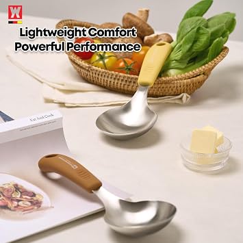 Short Stainless Steel Ladle 220mm (8.6) SUS304 Thick Deep Bowl Head with Soft-Grip Silicone Handle Lightweight Mini Soup & Serving Spoon for Cooking 5 Color Options (Brown)