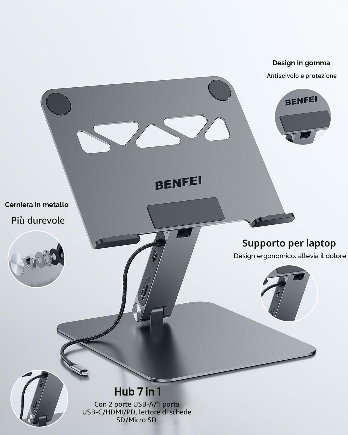 BENFEI Supporto per laptop con docking station USB-C 7in1, HDMI 4K@60Hz, 1*SD 1*Micro SD, 100W Power Delivery, 10Gbps 1*USBC 3.2 e 2*USBA 3.2 Compatibile con MacBook Pro/Air, iPad Pro, XPS, ThinkPad