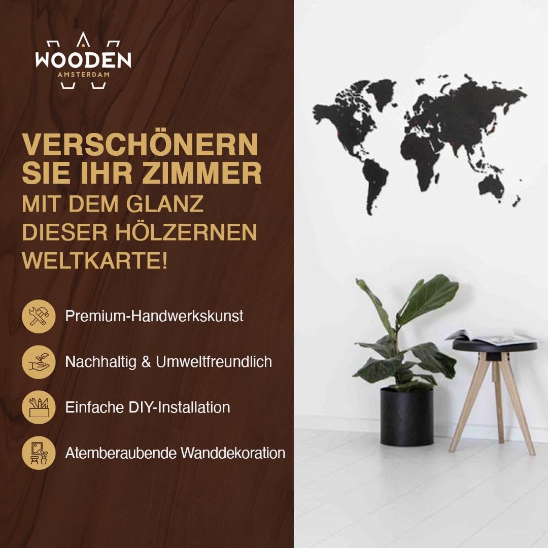 Weltkarte Holz DIY | 130 x 78 cm Wanddeko aus FSC-zertifiziertem HDF | 48 Pins & 25 Inseln zur Personalisierung | Weltkarte zum Pinnen Geschenkidee (Schwarz)