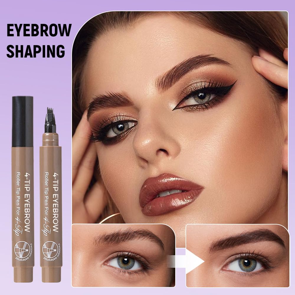 2PCS Microblading Eyebrow Pencils, Upgraded 3D Waterproof Microblading Eyebrow Pen 4 Fork Tip Tattoo Pencil Magic Eyebrow Contouring Pencil Brush for Women Natural Makeup Effect (Light Brown) - Image 5