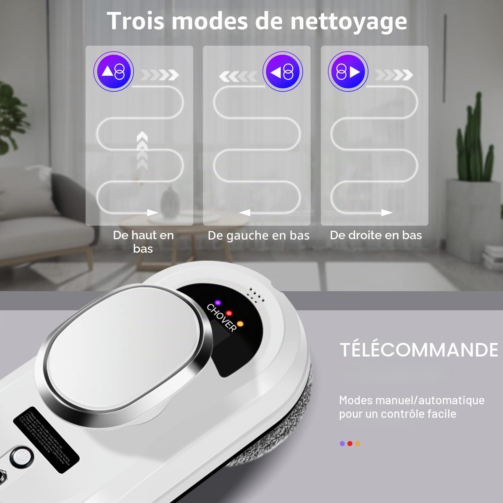 CHOVERY Robot Nettoyeur De Verre Télécommande Robot Nettoyer Les Cristaux 5600pa Super Aspiration Nettoyeur De Verre Électrique Navigation Intelligente Machine De Nettoyage des Cristaux pour Toutes