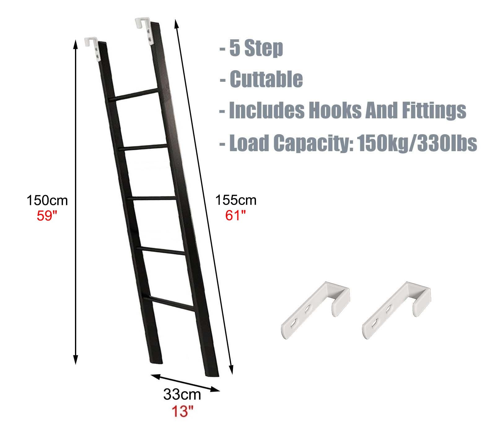 Scaletta Letto a Castello Scaletta per Letto a Castello per Camper, 116 120 125 130 135 140 150 155 160 Cm Scaletta Nera per Letto Singolo Superiore, Scala In Metallo per Bambini E Adulti con Gancio E