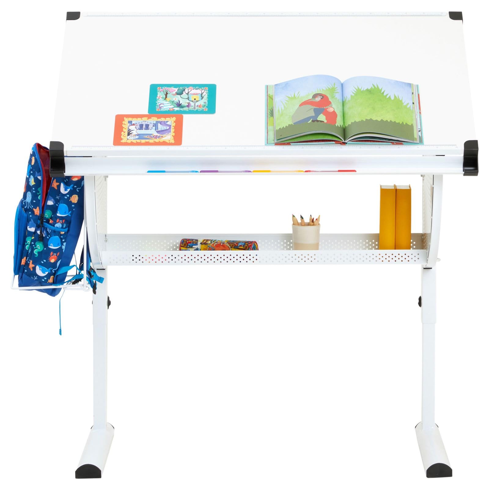 CARO-Möbel Kinderschreibtisch Sari höhenverstellbar in weiß/weiß, Schreibtisch für Kinder neigbar mit Rille für Stifte, Schülerschreibtisch mit Ablage und Rucksackhalterung