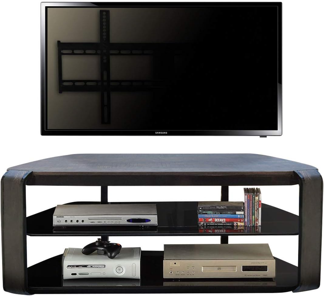 Fold N Snap Otis 55" No Tools Assembly wood top with 2 tempered black glass storage shelves for TVs up to 65 inches, Vintage Oak