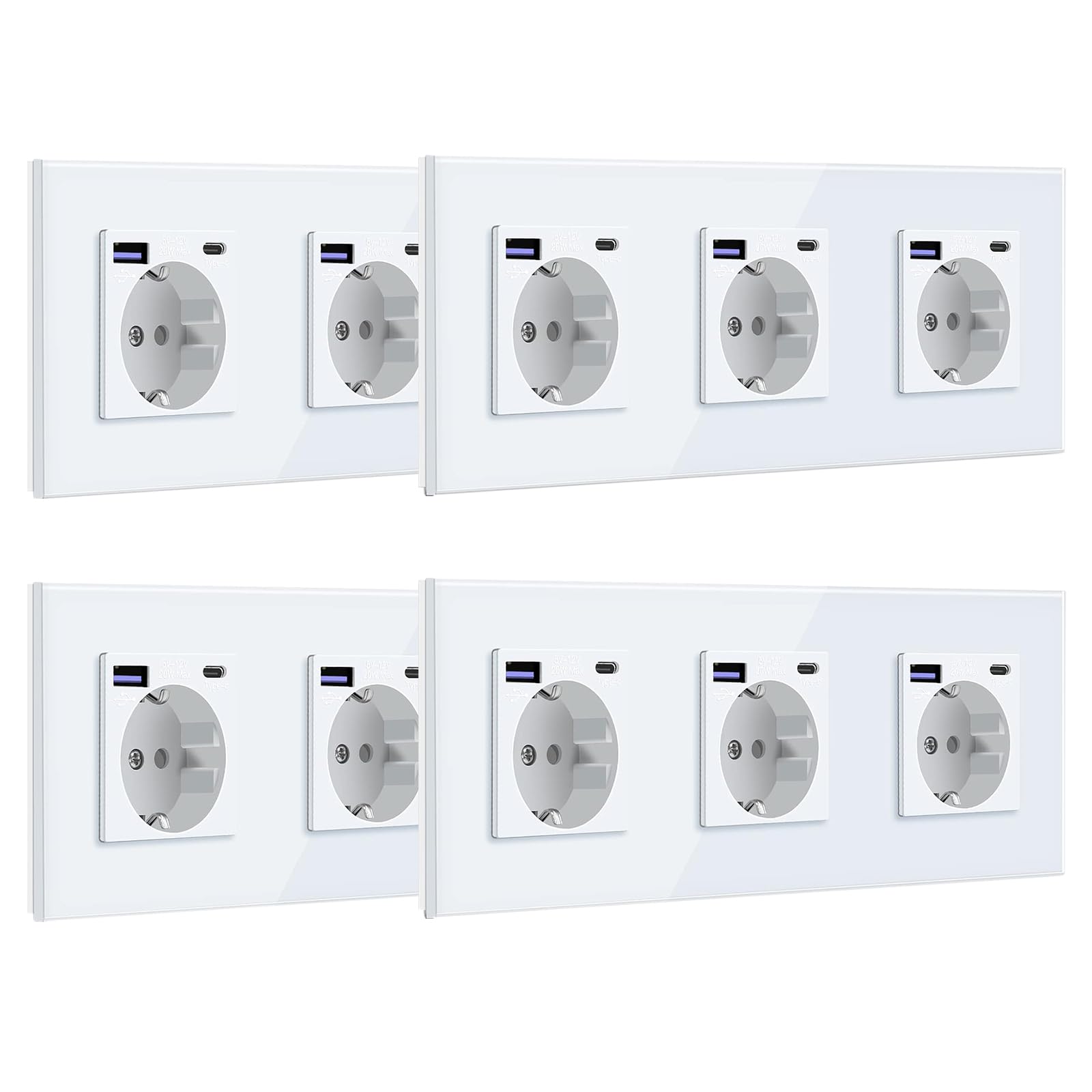 BSEED Schuko Steckdose mit USB C 20W Schnellladegerät USB Type C Wandsteckdose mit Glas Panel,3 Fach Steckdose,USB Steckdose Unterputz, Einbausteckdose Geeignet für Phone,Pad,MP3 und mehr-Weiß,4 Stück