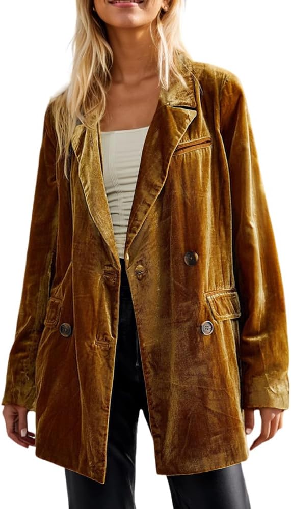 TIAFORD Womens Retro Velvet Blazer Lightweight Cozy Button Outerwear Solid Color Lapel Open Front Jacket Coat with Pockets