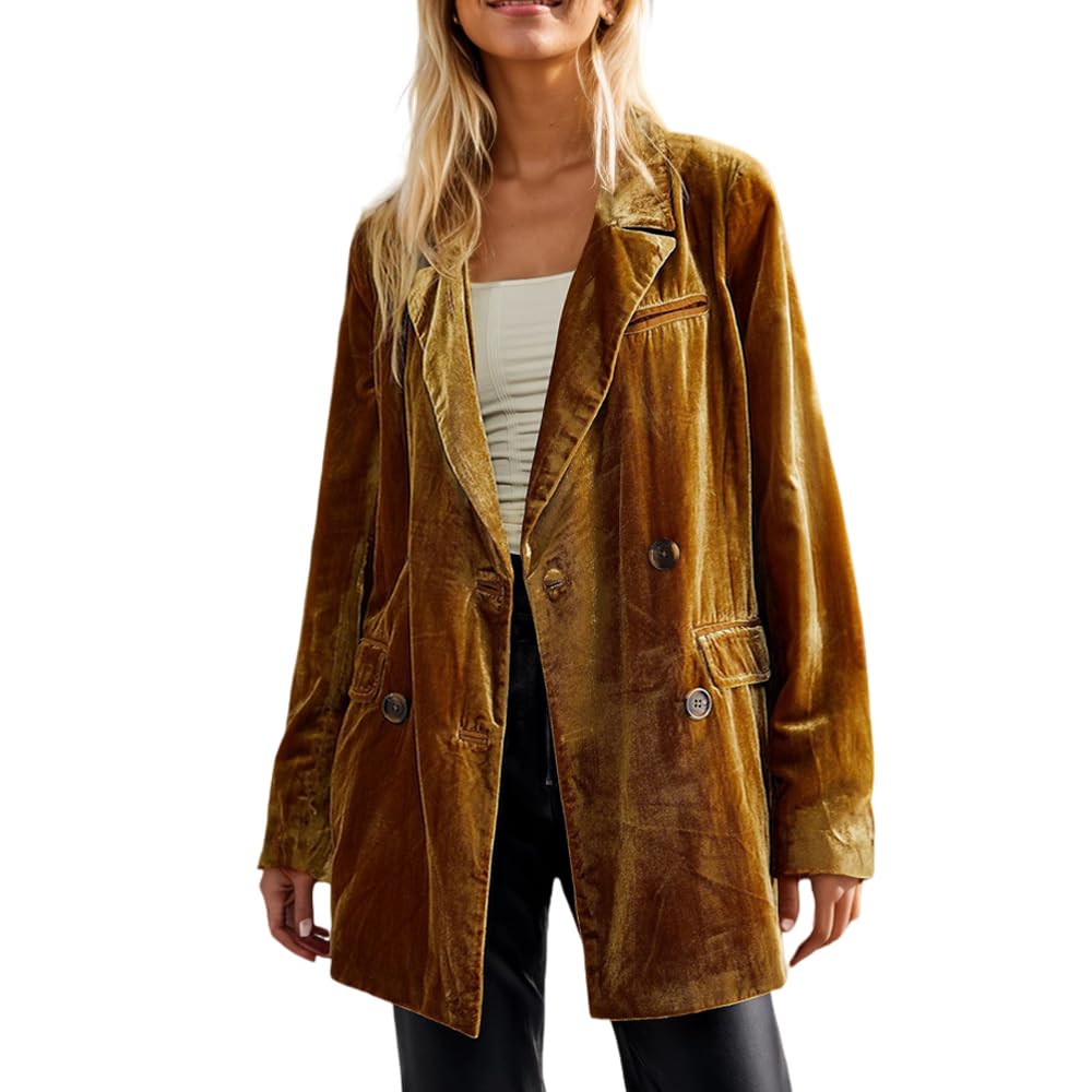 TIAFORD Womens Retro Velvet Blazer Lightweight Cozy Button Outerwear Solid Color Lapel Open Front Jacket Coat with Pockets