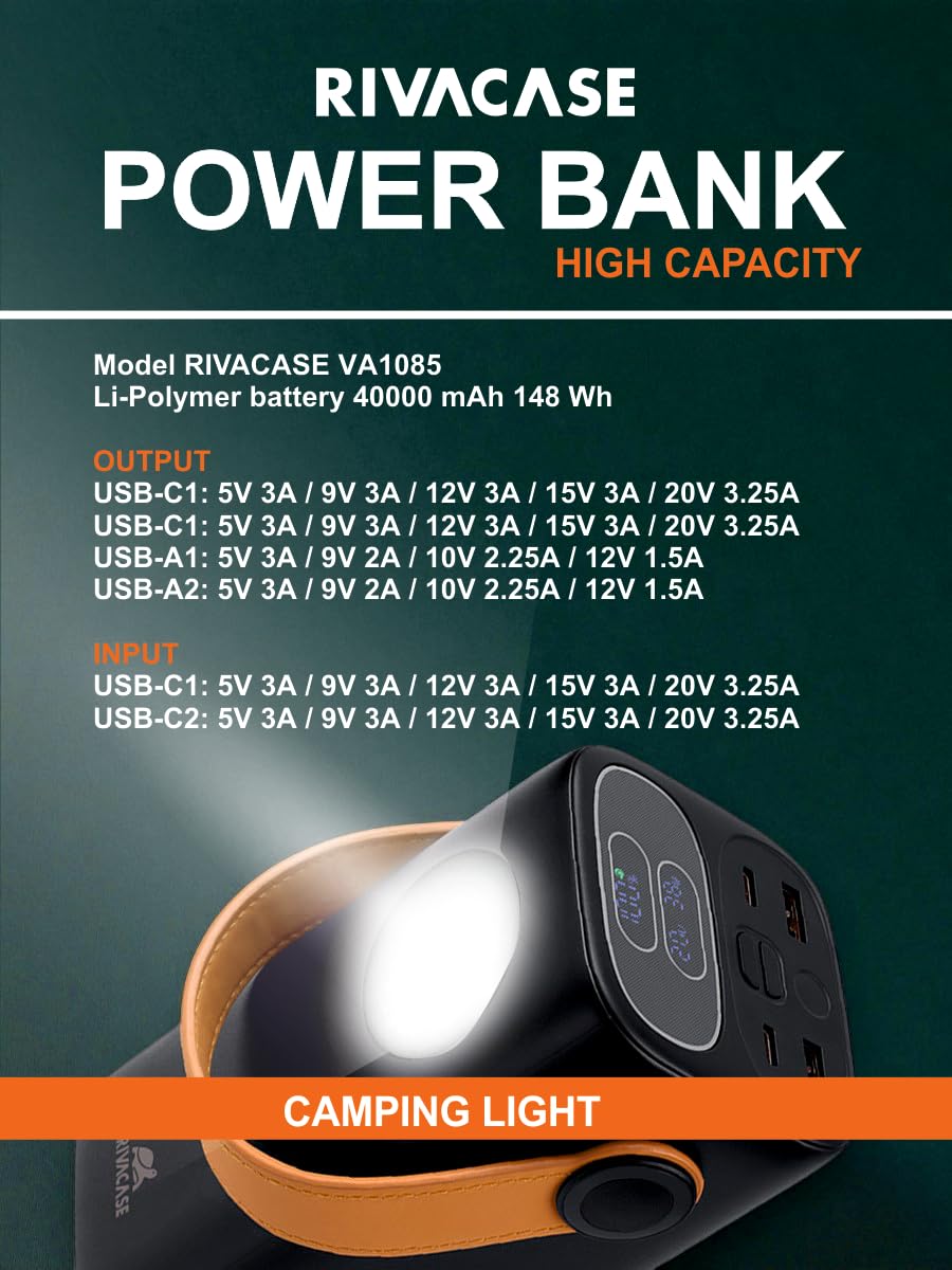 RIVACASE VA1085 Turbo Powerbank 40000mAh | PD 65 W, con lámpara de camping