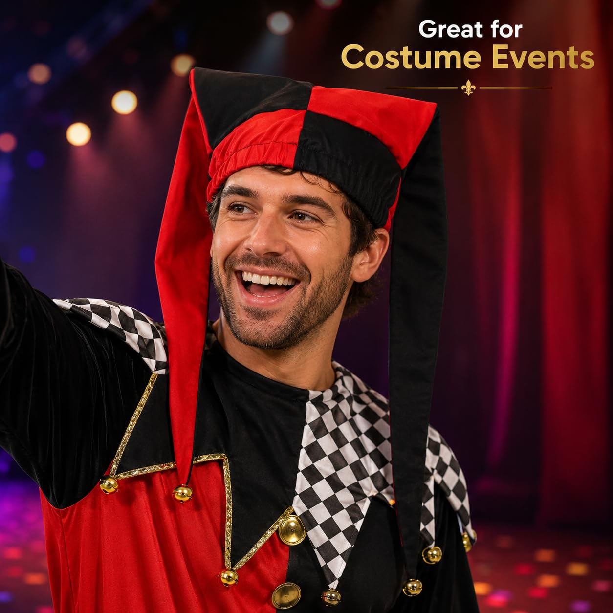 ANDHOM Jester Hat with Bells Harlequin Diamond Pattern for Halloween Christmas Costume Accessory - Image 7