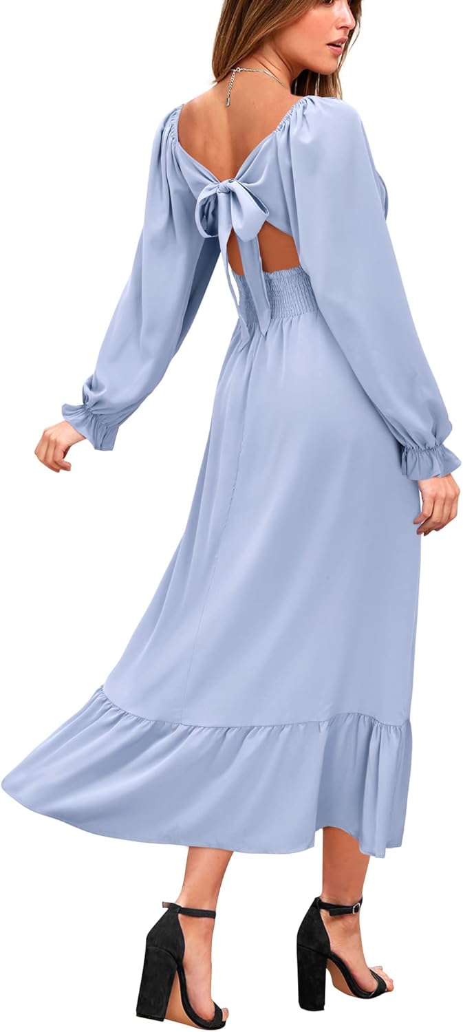 VOTEPRETTY Women's Puff Sleeve Bridal Shower Flowy Tie Back Long Dresses