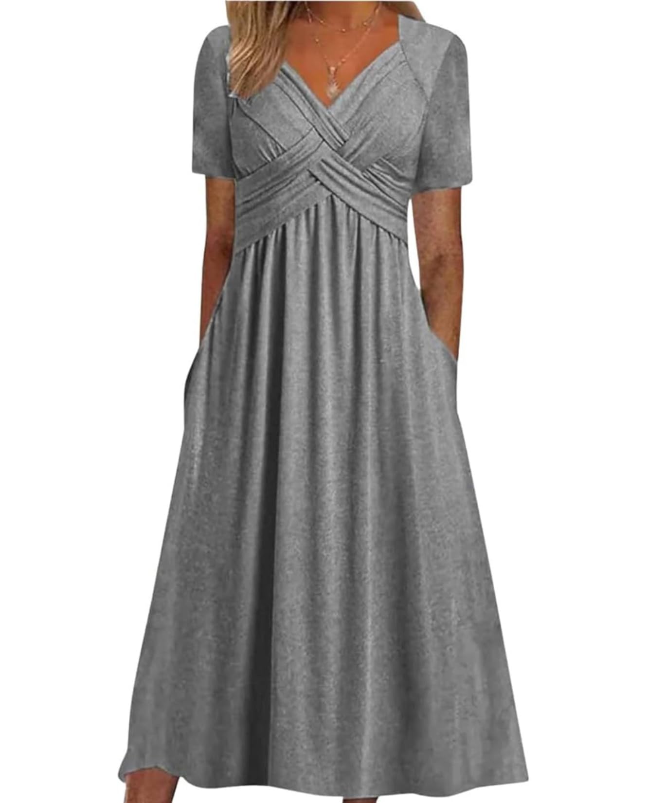 LIZALIG Womens Summer Maxi Dress Short Sleeve Wedding Guest Plus Size V-Neck A Line Flowy Beach Sundress with Pockets