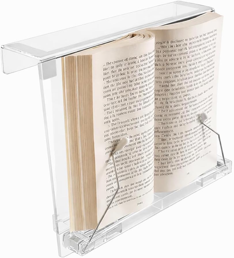 Universal Treadmill Book Holder Reading Rack Clear Acrylic | Hook mount and page rods keep books open hands free for cardio as a book holder for stationary bike or elliptical book holder