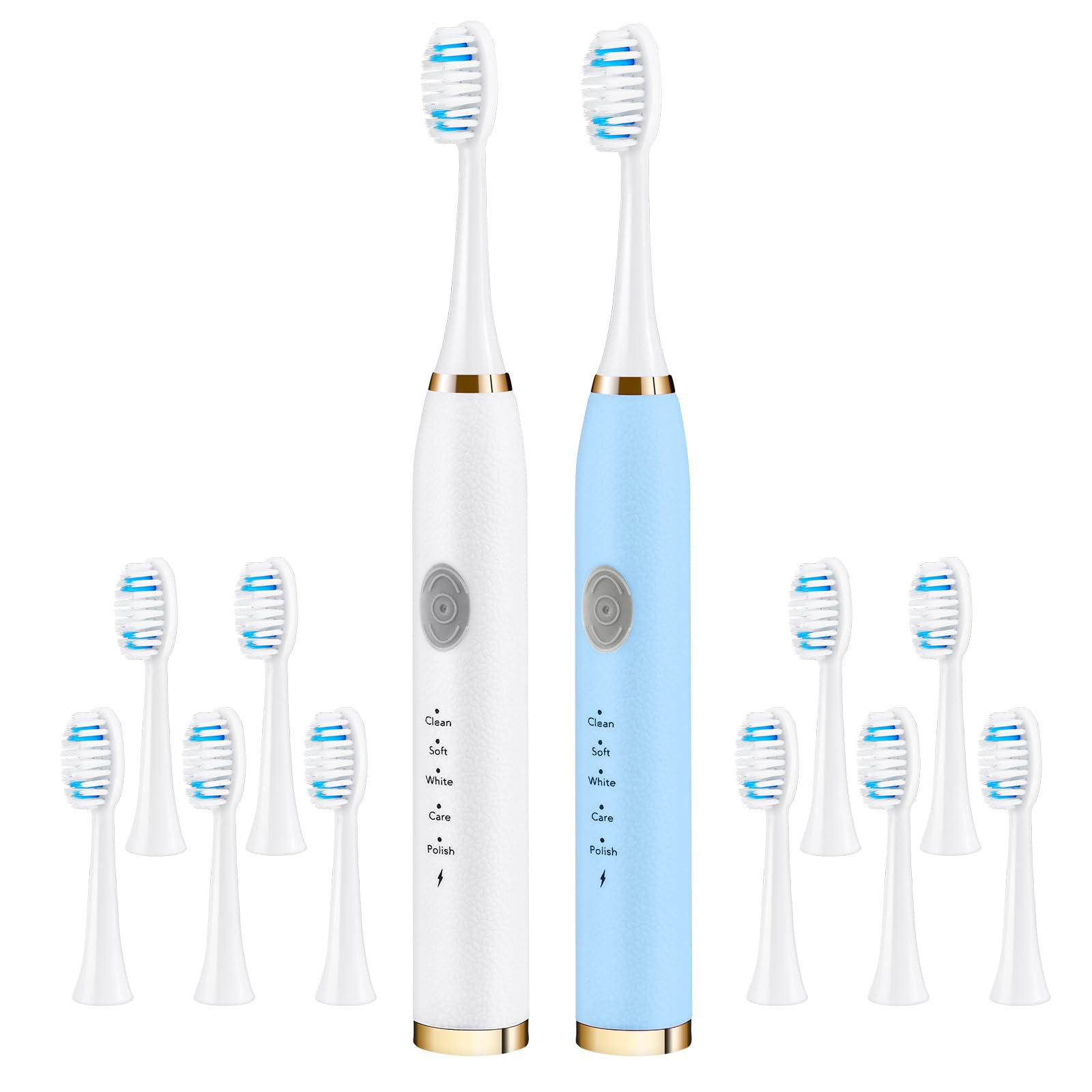 Dnil Dnil 2 Pack Electric Toothbrush for Adults and Kids, Travel Toothbrush Includes 10 Replacement Toothbrush Heads, 5 Modes with 2 MIN Smart Timer (Blue White)