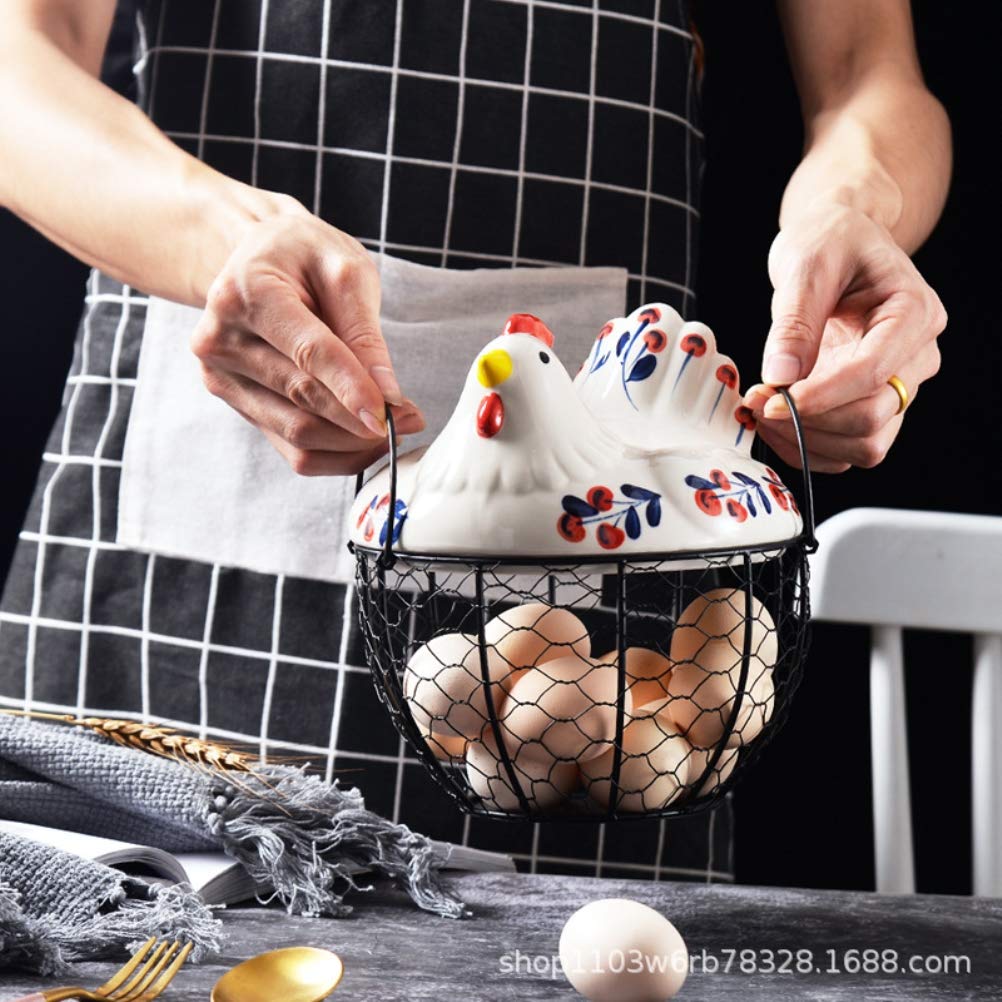 Cesta para huevos de alambre, cesta redonda de metal con cubierta en forma de gallina, cesta de recolección de huevos para huevos frescos (Negro)