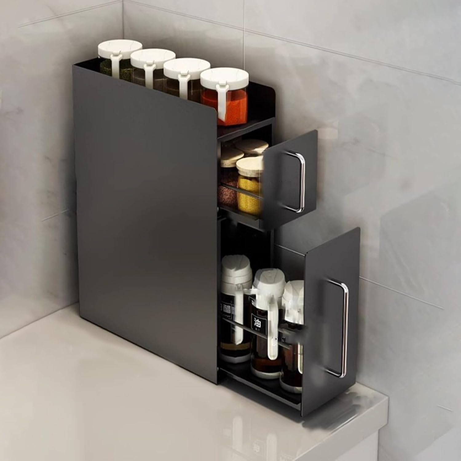 3 Tier Narrow Spice Holder, Heavy Duty Slide Out Seasoning Kitchen Organizer, Multifunctional Condiment Bottle Storage Rack, Shelf Organizer(Black)