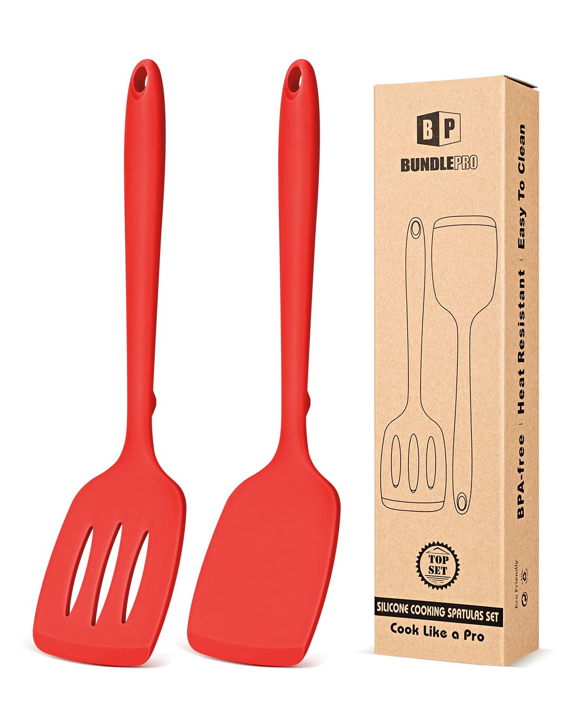 Pack of 2 Silicone Spatula Turners, Non Stick Slotted Kitchen Spatula Set, Heat Resistant BPA Free Kitchen Utensils, One-Piece Design, Suitable for Flipping Fish, Eggs, Steak, Pancakes (RED)