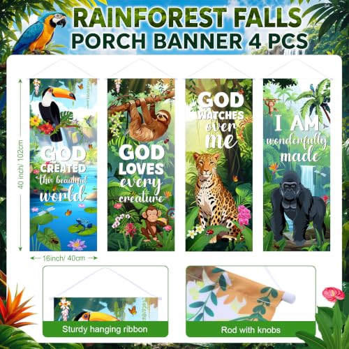 Image of Panelee 4 Pcs Rainforest Falls Porch Banner Sunday School 2026 VBS Decoration Jungle Forest Religious Bible Verse Hanging Backdrop for Tropical Church Classroom Wall Indoor Outdoor Decor