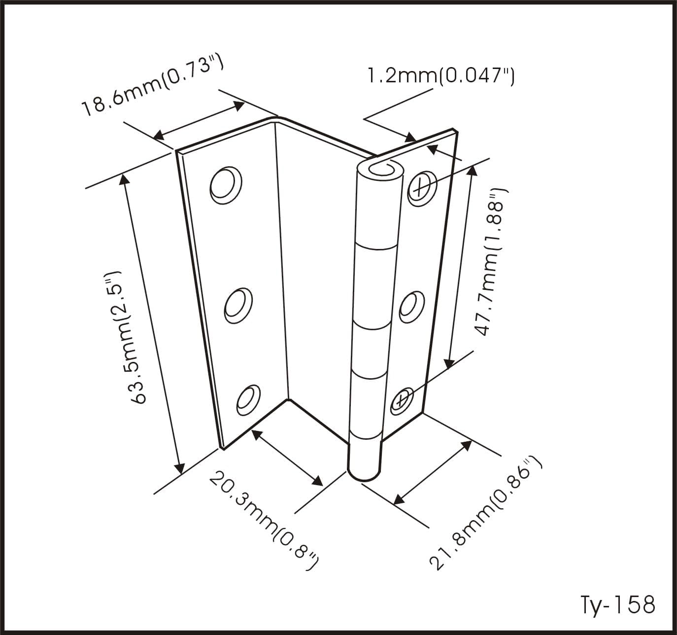 QCAA Three Fold Shutter Hinge, Half Surface for Shutter, Cabinet, Furniture, 2-1/2" x 1.2mm, Nickel Plated, Made in Taiwan, 8 Pack