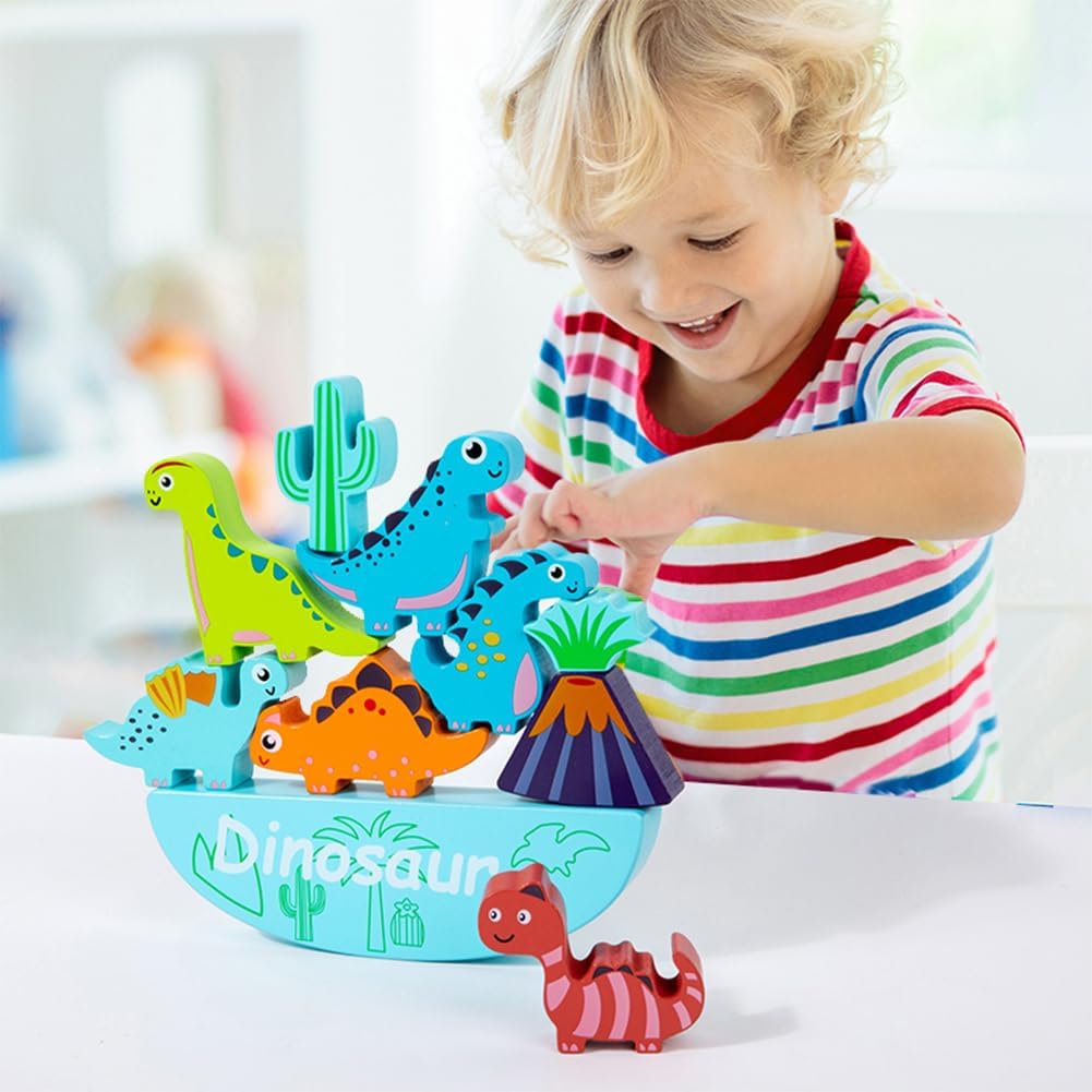 Dinosaur Wooden Stacking Toys for 3 4 5 6 7 8 Year Old Boys Girls Balance Competition Game for Family Birthday Dinosaur Stacking Building Toy for Toddlers