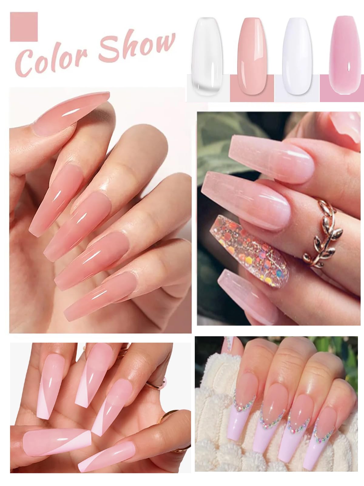 WONEDIRR Acrylic Nail Kit: 4 Colors Nude Pink Transparent White, Nail Lamp with Base Coat/Top Coat - Image 4