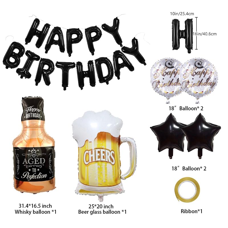 Image of Beer Cup Balloons Whiskey Bottle Beer Mug Shape Black Happy Birthday Mylar Foil Balloon 16 Inch Summer Party, Birthday Party Decorations for Women and Men (Black Balloons)