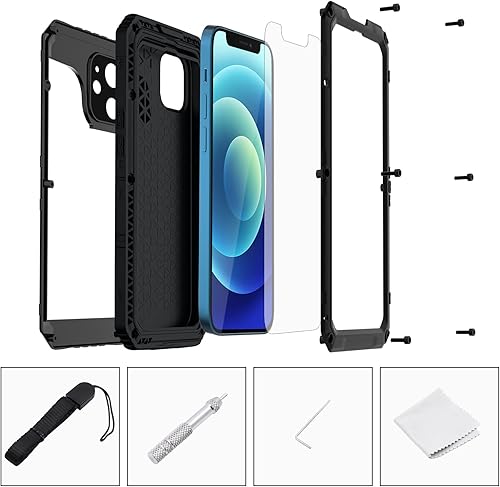 Vista 5 de Mitywah Funda impermeable para iPhone 12, resistente a prueba de golpes, con protector de pantalla integrado, funda de metal de protección submarina