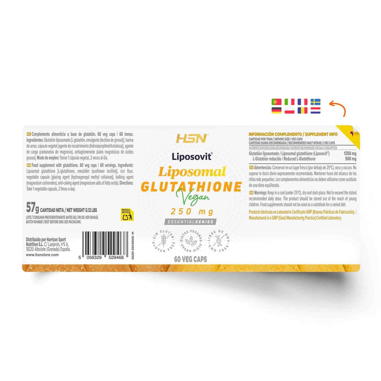 HSN Glutatión Liposomado 250 mg (Liposovit®) (Glutatión Reducido GSH) | 60 Cápsulas Vegetales | Tecnología Liposomal | Alta Biodisponibilidad | No-GMO, Vegano, Sin Gluten
