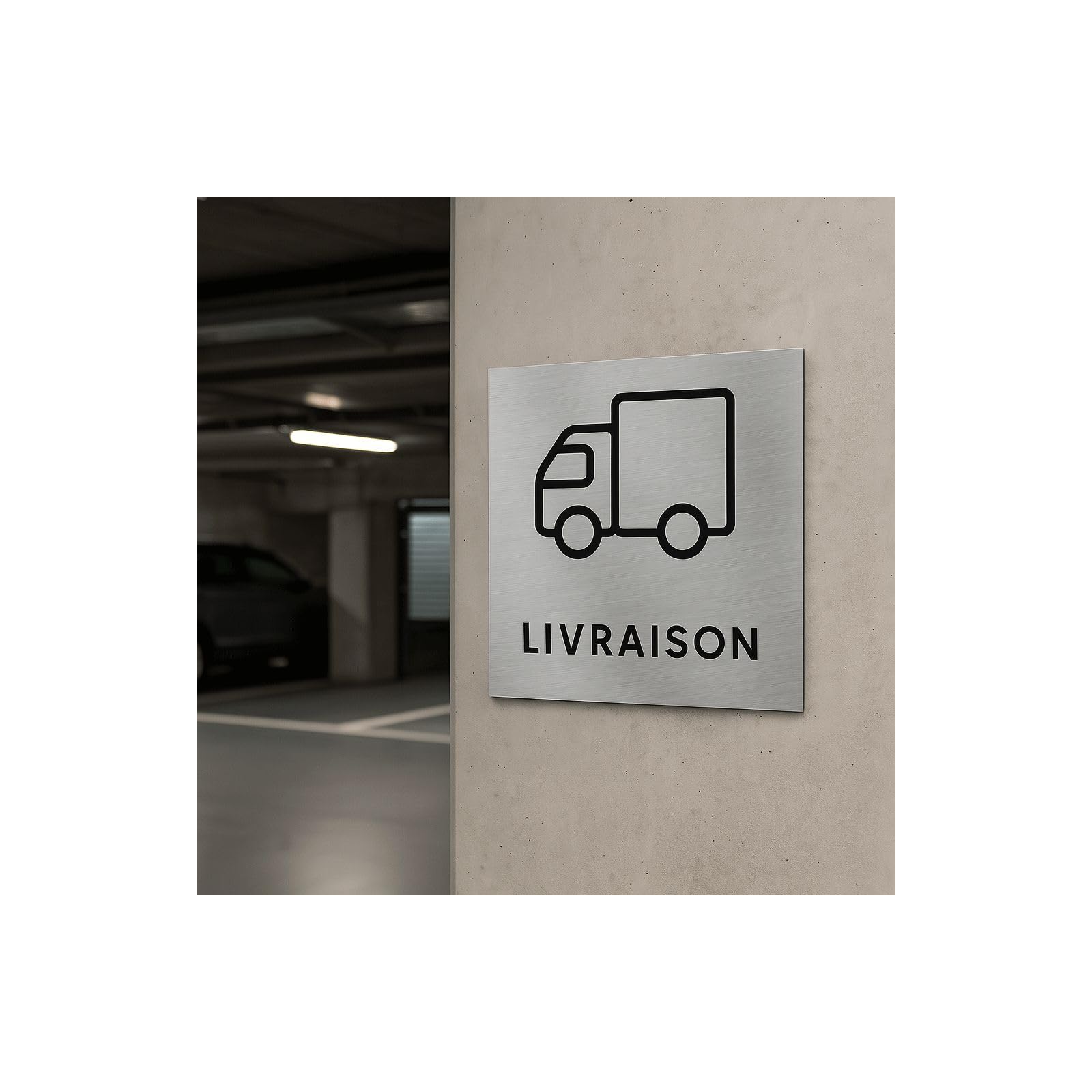 DECOHO - Pictogramme format 20 cm x 20 cm en Dibond Aluminium brossé - Modèle Livraison - Argent